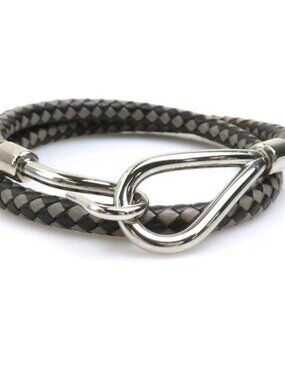 Auth HERMES Jumbo Bracelet Choker Necklace Black/Gray/Silver Leather - e60848g